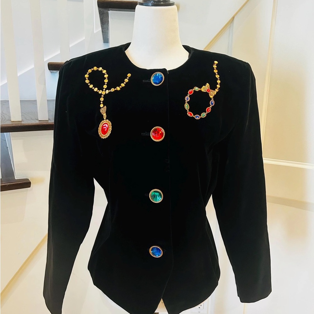 Vintage | Leslie Fay Black Velvet Jacket with Colorful Jewel Accents!!